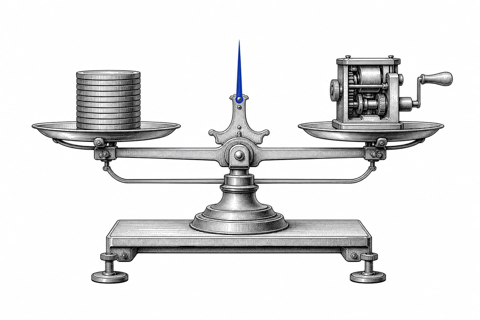 A patent-style engraving of a balance scale: a stack of coins on one pan, a small hand-cranked machine on the other, the beam level and the pointer needle — in blue ink — poised exactly at center