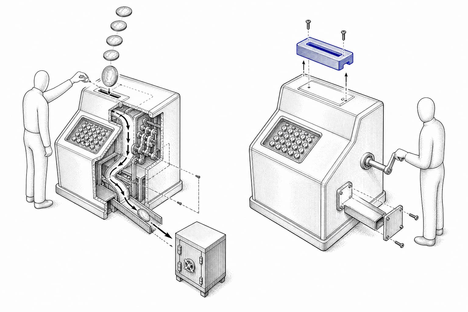 A patent-style engraving of one office machine drawn twice: first with coins queued into its slot, flowing out through a chute to a strongbox — then owned, the coin slot removed and lying beside it in blue ink, a hand crank fitted in its place