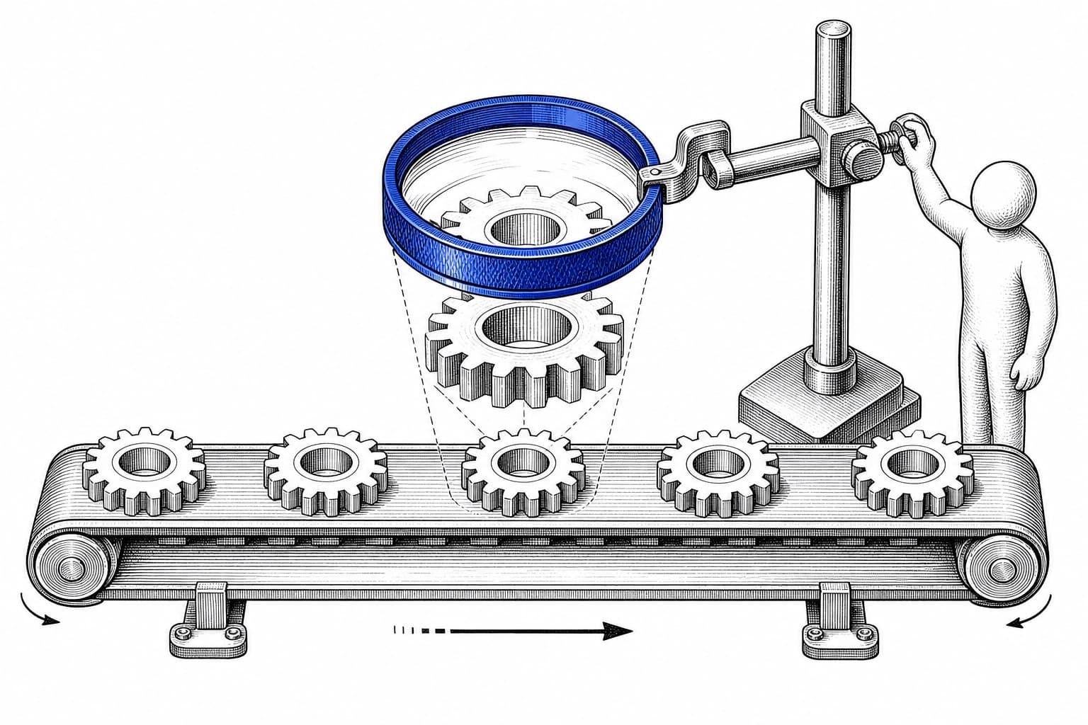 A patent-style engraving: identical gears ride a conveyor belt beneath a large jeweler's loupe held in a fixed clamp, its ring inked in blue, one gear drawn enlarged through the lens