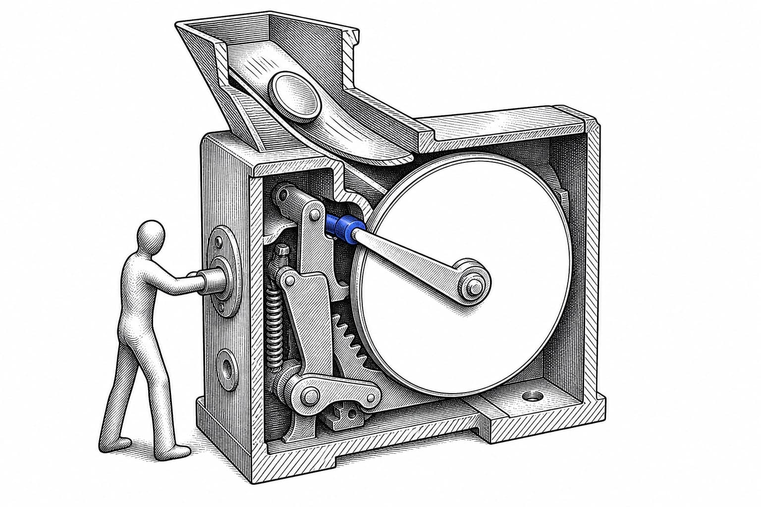 A patent-style cutaway of a mechanical coin meter: a blank dial, a coin channel feeding it, and inside the mechanism a small stop pin in blue ink seated against the dial arm so it can travel no further
