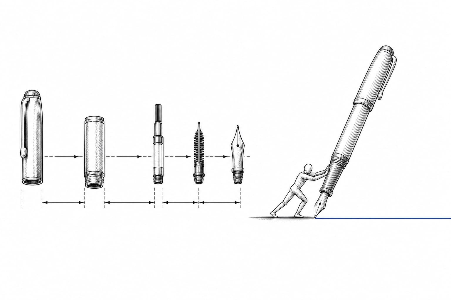 A patent-style engraving: a fountain pen's parts — cap, barrel, converter, feed, nib — laid out in a row, and beside them the same pen assembled, ruling one straight line in blue ink