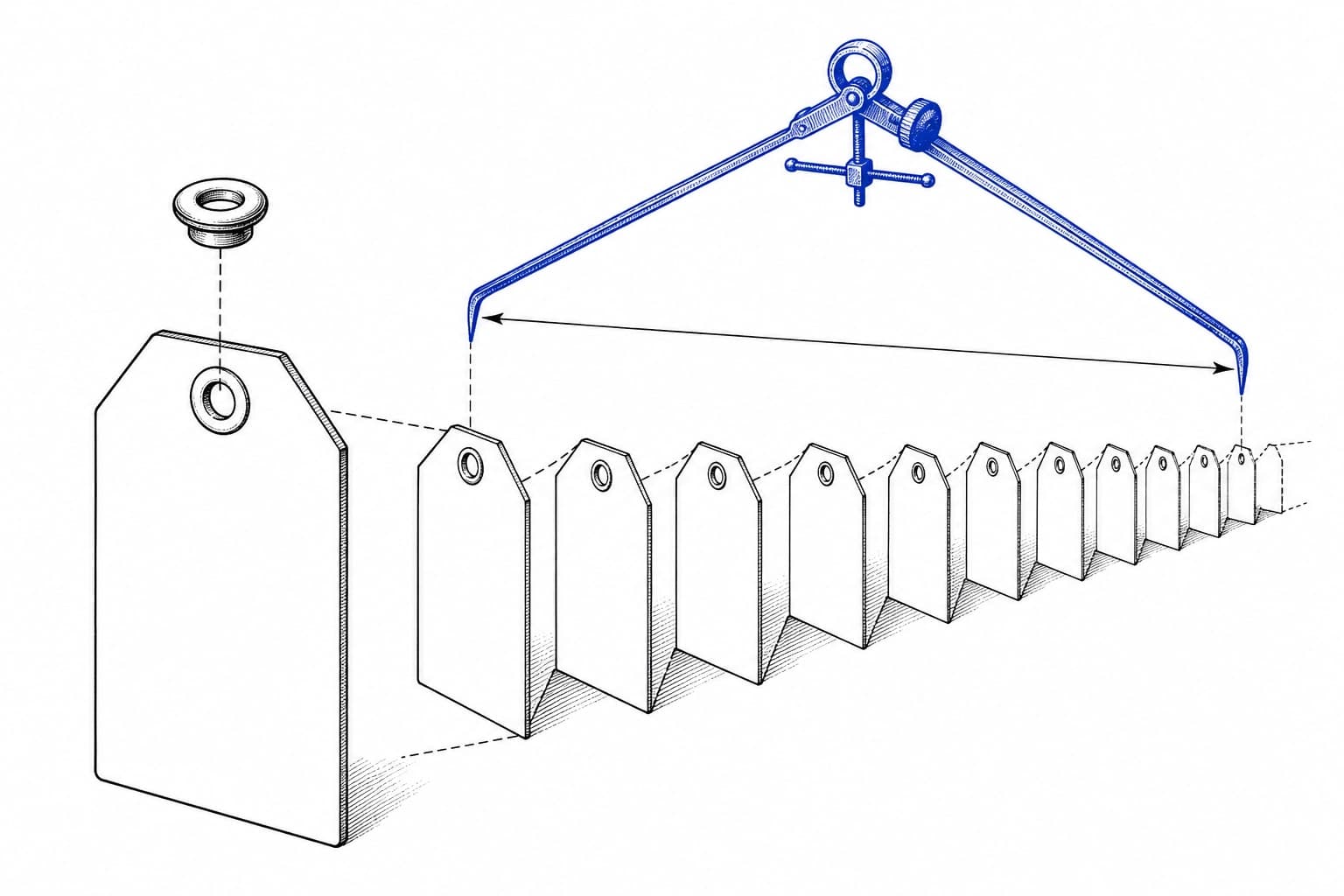 A patent-style engraving: a price tag in exploded view, an accordion of smaller blank tags unfolding behind it, measured end to end by a pair of drafting dividers in blue ink