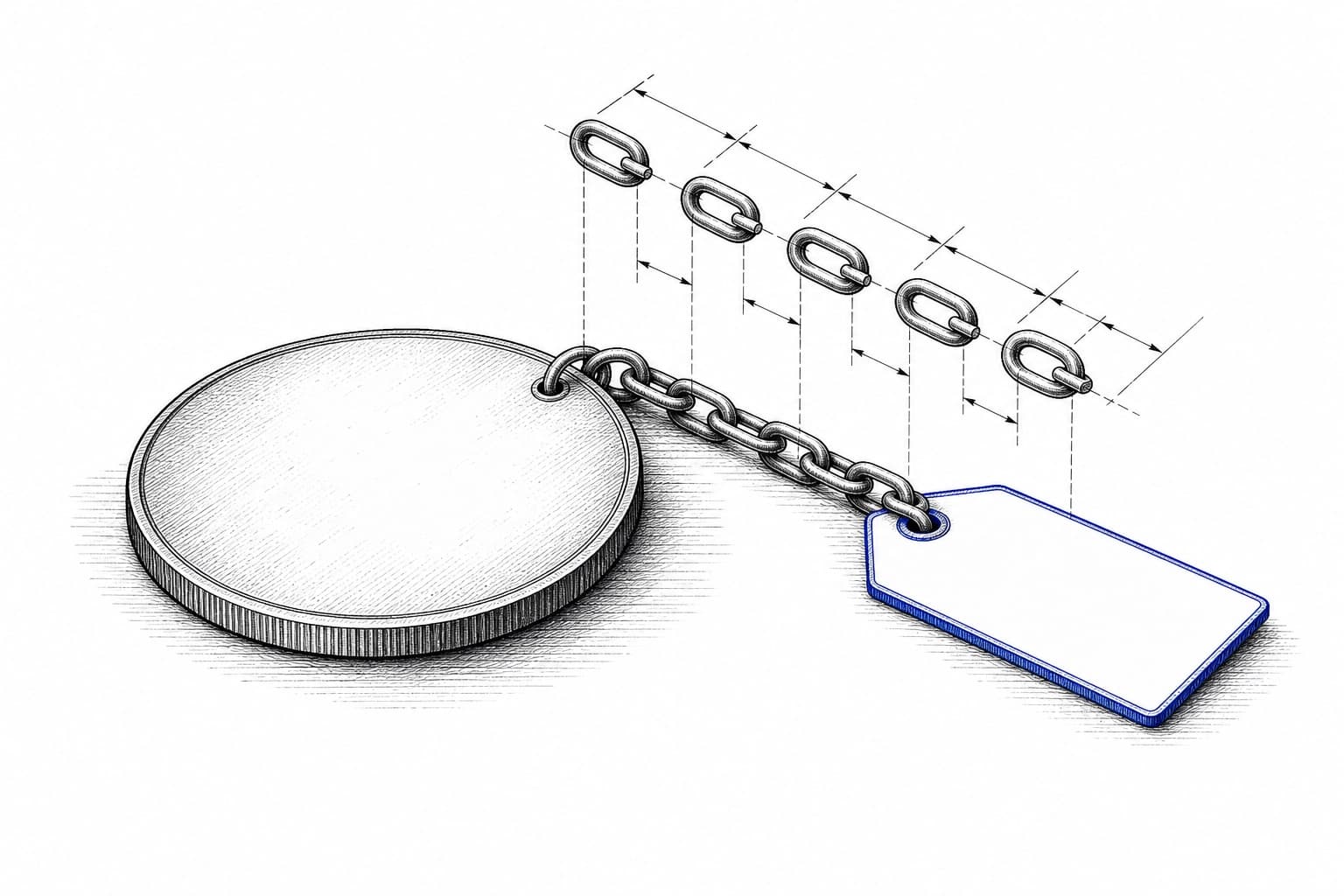 A patent-style engraving: one large coin riveted by a short chain to a small blank paper tag in blue ink, the chain measured link by link with drafted dimension lines