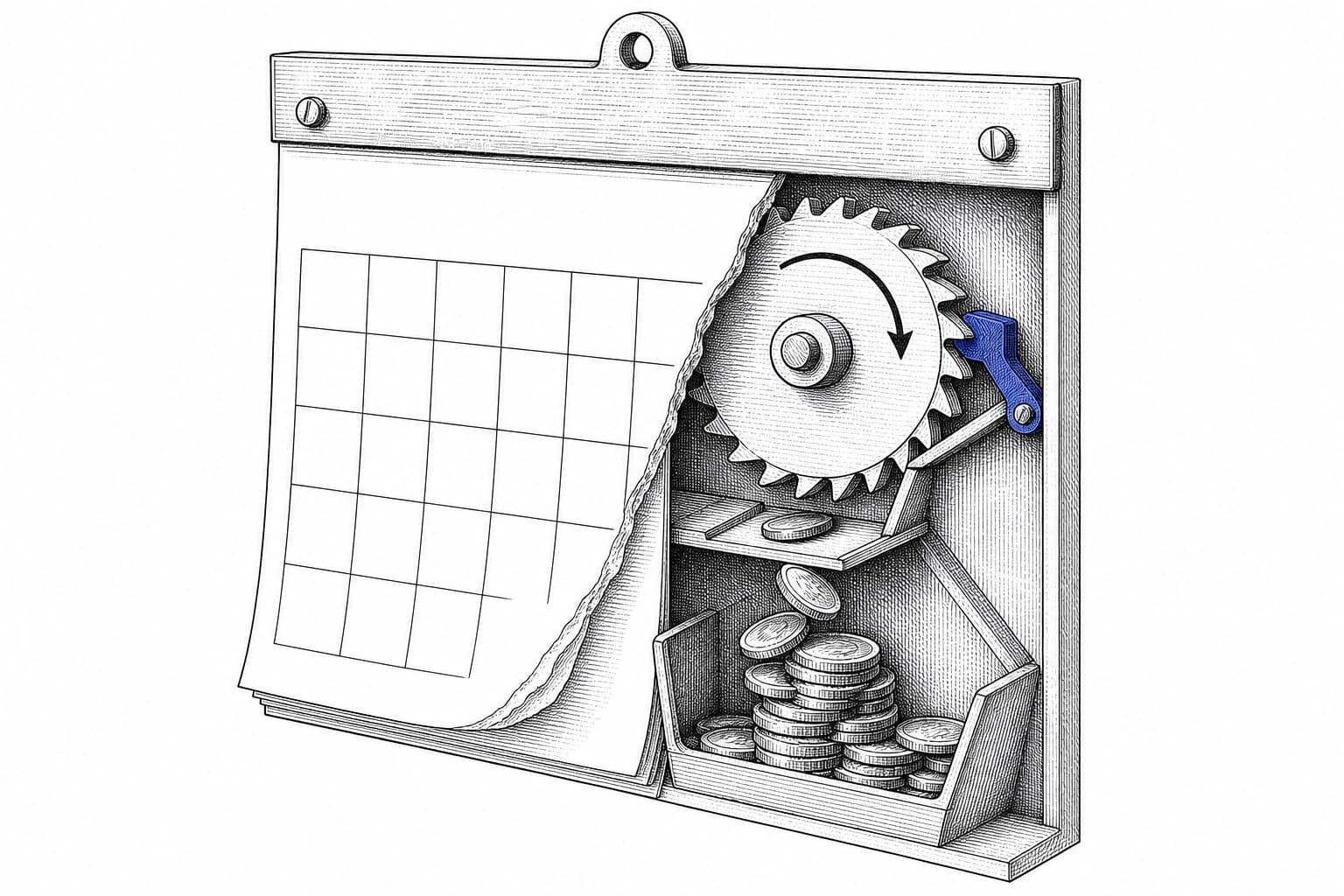A patent-style cutaway: a wall calendar's torn corner reveals a one-way ratchet wheel dropping coins onto a growing stack; a small hand-brake lever in blue ink is pressed against the ratchet's teeth
