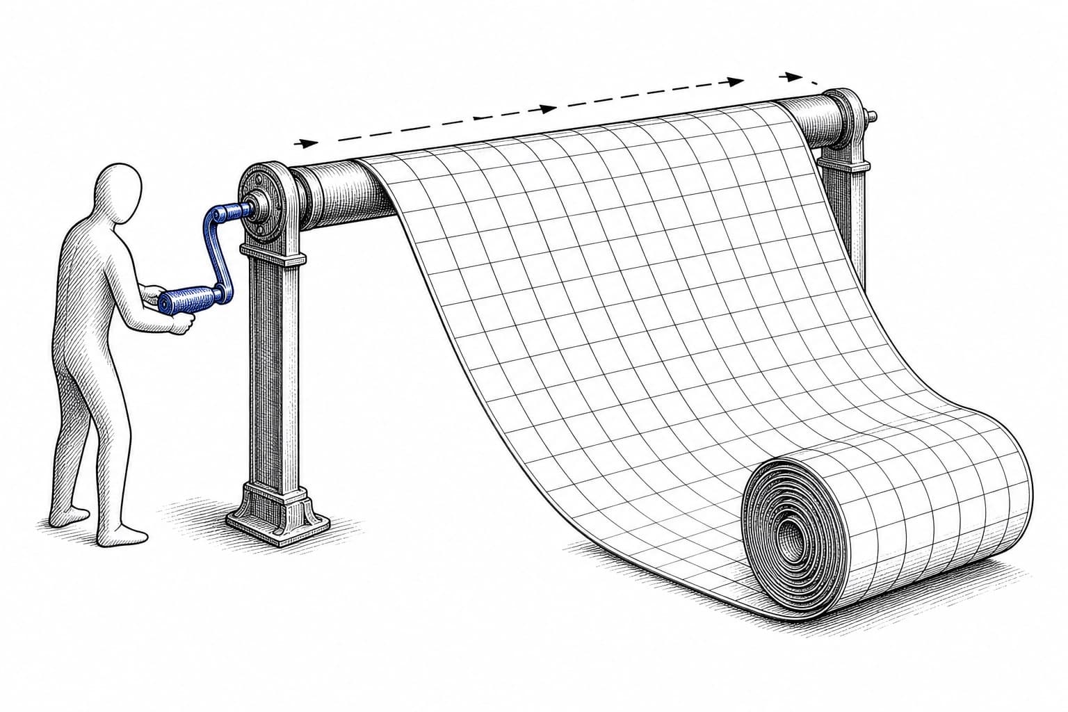 A patent-style engraving: an endless spreadsheet grid runs between two rollers like a factory conveyor, coiling onto the floor, while a faceless figure turns a small blue hand crank